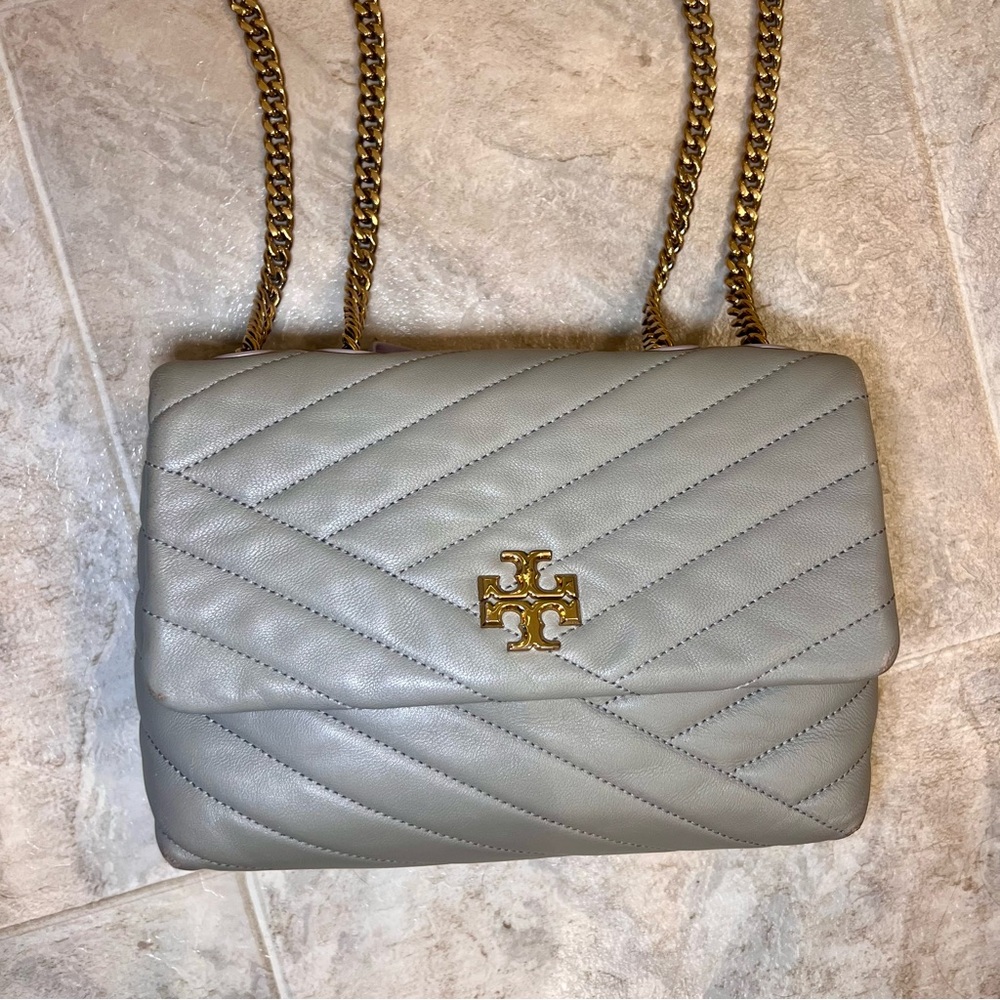 Tory Burch Kira Chevron Small Leather Shoulder Bag Gray Heron